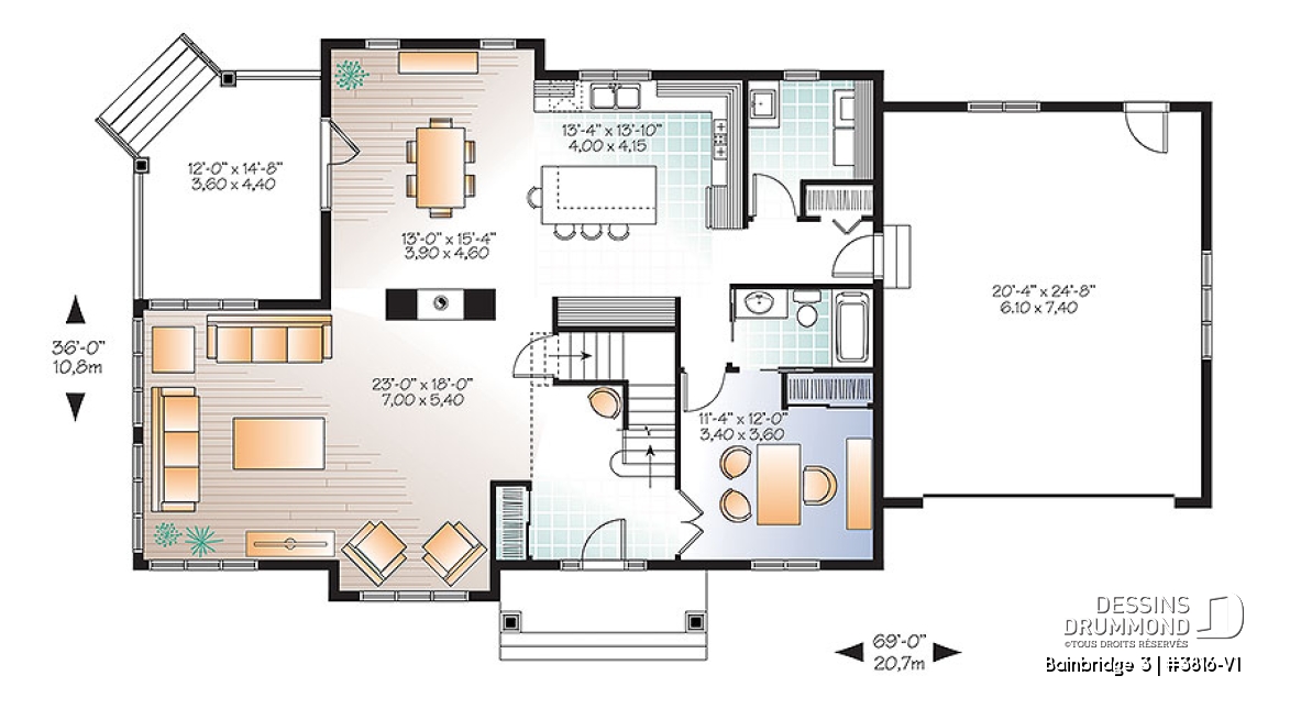 Rez-de-chaussée - Plan maison Craftsman, poutres bois rustique, 4+ chambres, 4 s. bain, solarium, foyer  - Bainbridge 3