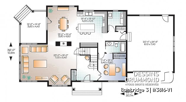 Rez-de-chaussée - Plan maison Craftsman, poutres bois rustique, 4+ chambres, 4 s. bain, solarium, foyer  - Bainbridge 3