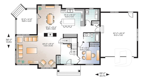 Rez-de-chaussée - Plan maison Craftsman, poutres bois rustique, 4+ chambres, 4 s. bain, solarium, foyer  - Bainbridge 3