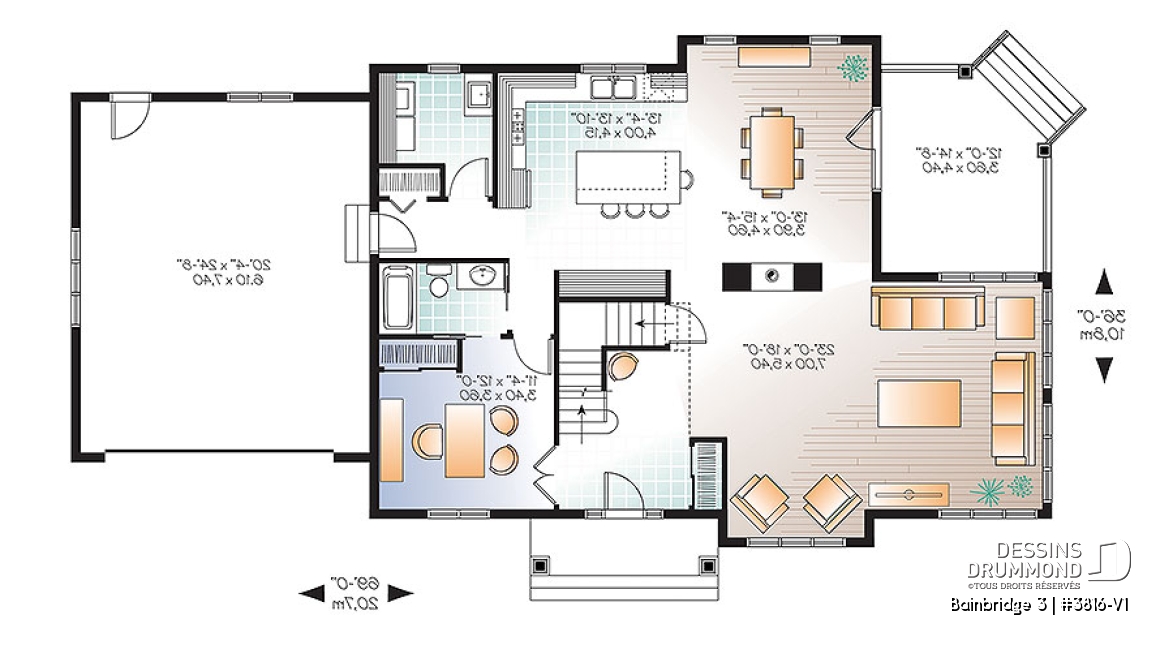 Rez-de-chaussée - Plan maison Craftsman, poutres bois rustique, 4+ chambres, 4 s. bain, solarium, foyer  - Bainbridge 3