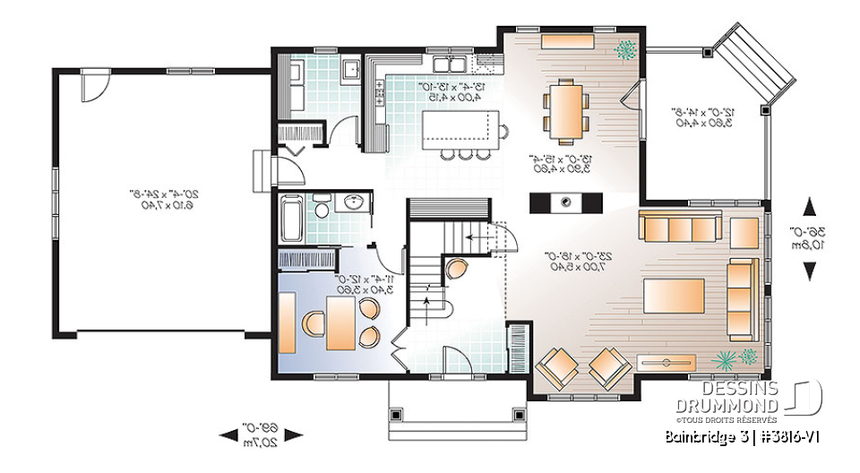 Rez-de-chaussée - Plan maison Craftsman, poutres bois rustique, 4+ chambres, 4 s. bain, solarium, foyer  - Bainbridge 3
