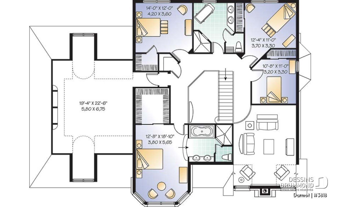 Étage - Plan de maison luxueuse, style Manoir avec mezzanine, 4 chambres + espace boni, garage double - Darmot