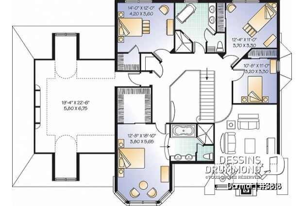 Étage - Plan de maison luxueuse, style Manoir avec mezzanine, 4 chambres + espace boni, garage double - Darmot