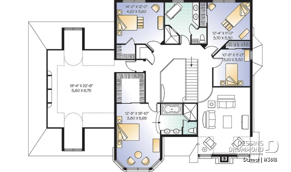 Étage - Plan de maison luxueuse, style Manoir avec mezzanine, 4 chambres + espace boni, garage double - Darmot