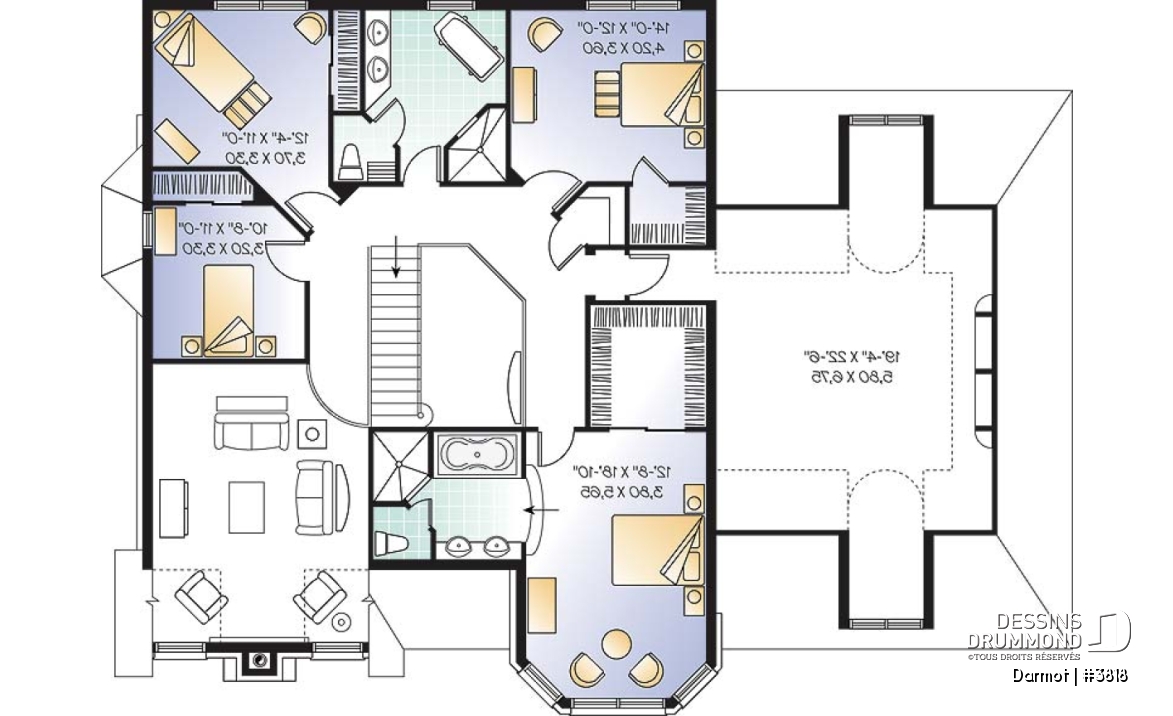 Étage - Plan de maison luxueuse, style Manoir avec mezzanine, 4 chambres + espace boni, garage double - Darmot