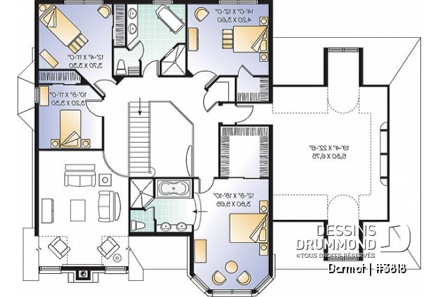 Étage - Plan de maison luxueuse, style Manoir avec mezzanine, 4 chambres + espace boni, garage double - Darmot