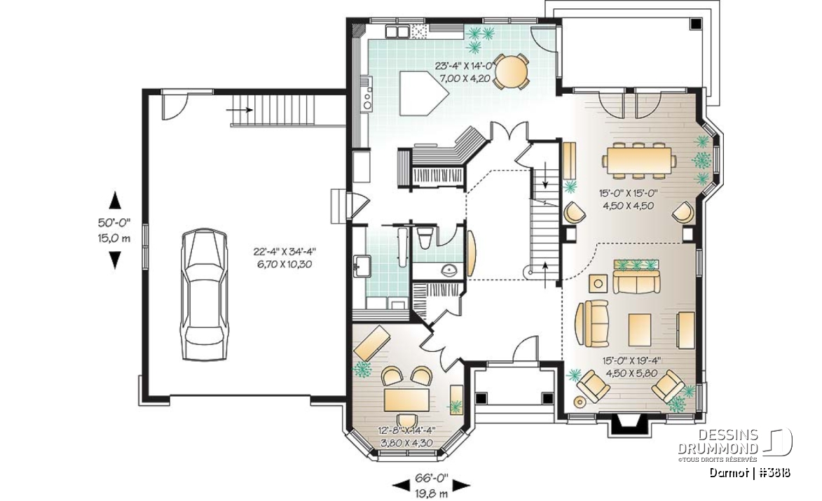 Rez-de-chaussée - Plan de maison luxueuse, style Manoir avec mezzanine, 4 chambres + espace boni, garage double - Darmot