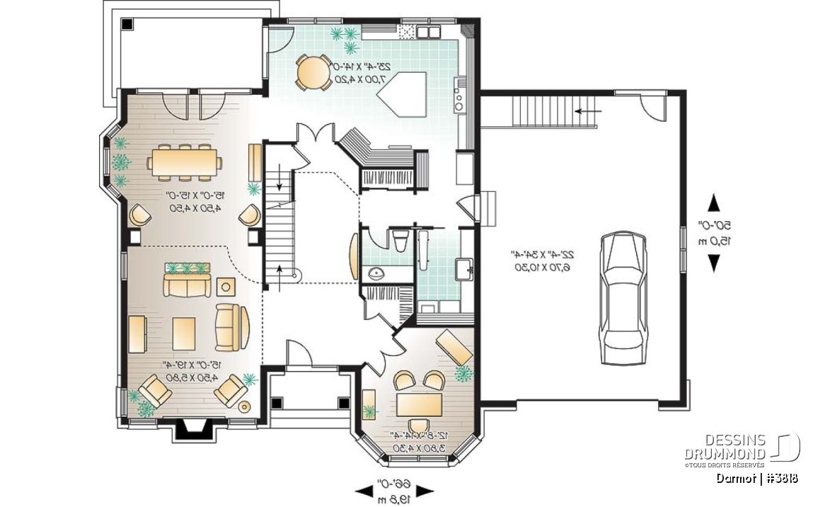 Rez-de-chaussée - Plan de maison luxueuse, style Manoir avec mezzanine, 4 chambres + espace boni, garage double - Darmot