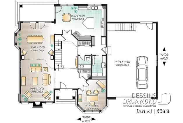 Rez-de-chaussée - Plan de maison luxueuse, style Manoir avec mezzanine, 4 chambres + espace boni, garage double - Darmot