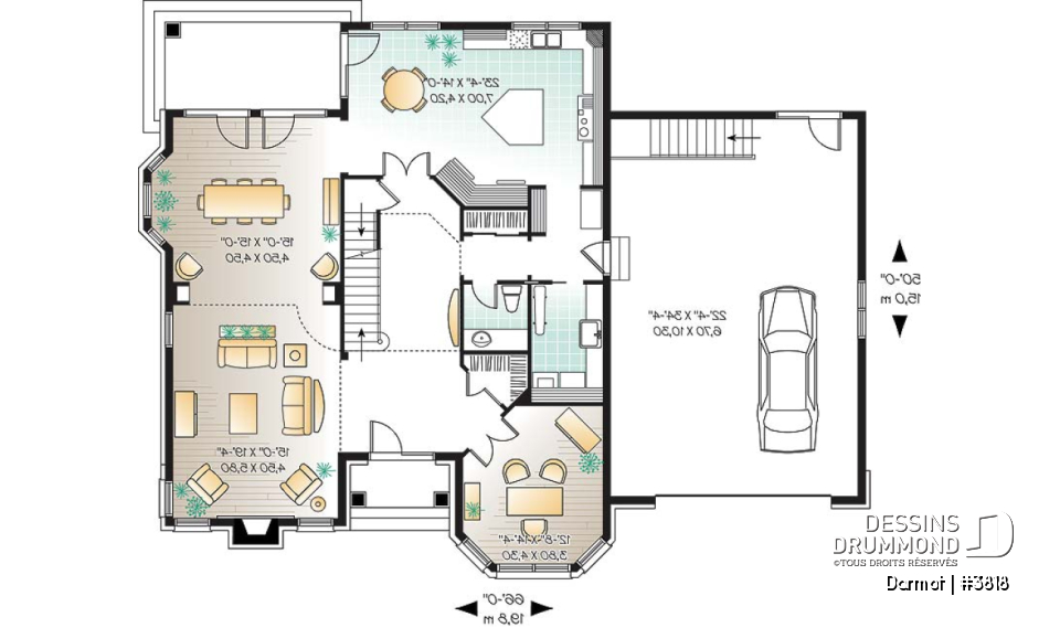 Rez-de-chaussée - Plan de maison luxueuse, style Manoir avec mezzanine, 4 chambres + espace boni, garage double - Darmot