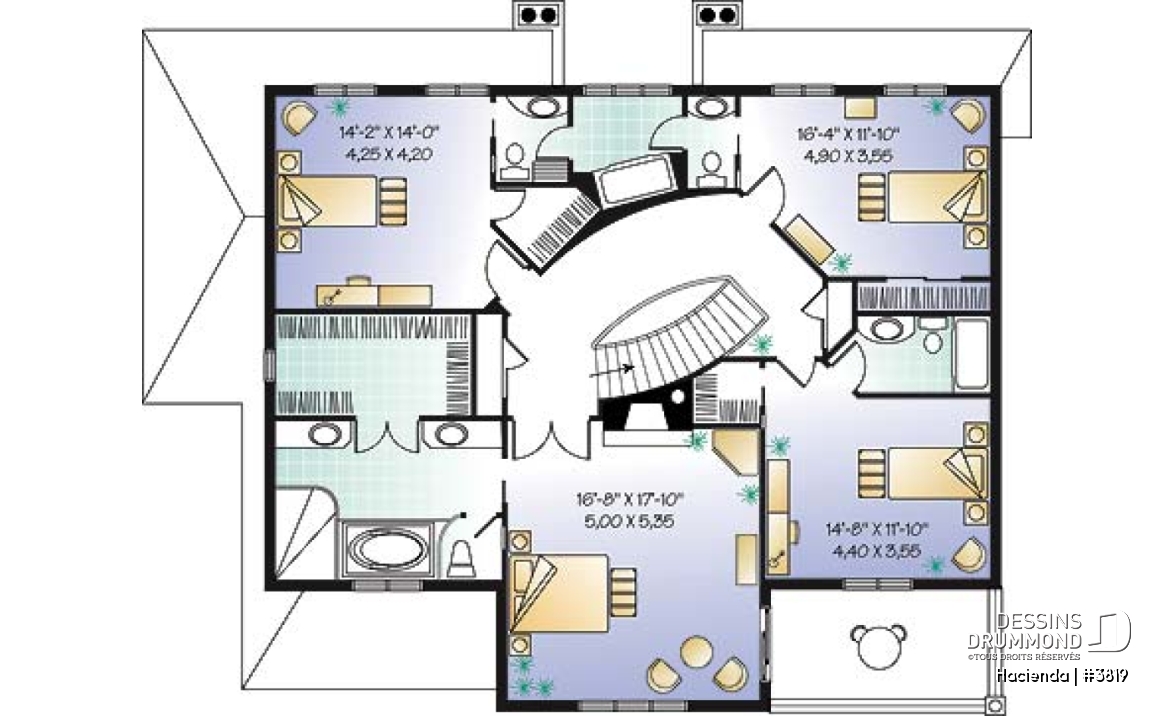 Étage - Plan de maison style espagnol, 4 chambres, 4 salles de bain, 2 foyer, garage double, superbes terrasses - Hacienda
