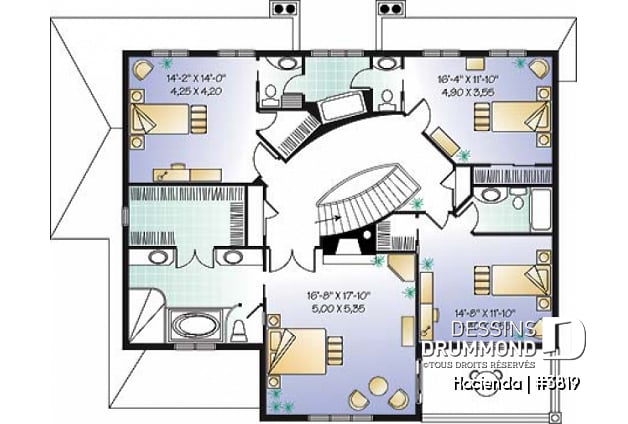 Étage - Plan de maison style espagnol, 4 chambres, 4 salles de bain, 2 foyer, garage double, superbes terrasses - Hacienda