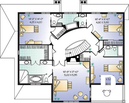 Étage - Plan de maison style espagnol, 4 chambres, 4 salles de bain, 2 foyer, garage double, superbes terrasses - Hacienda