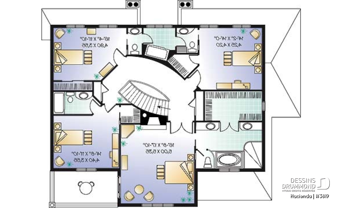 Étage - Plan de maison style espagnol, 4 chambres, 4 salles de bain, 2 foyer, garage double, superbes terrasses - Hacienda