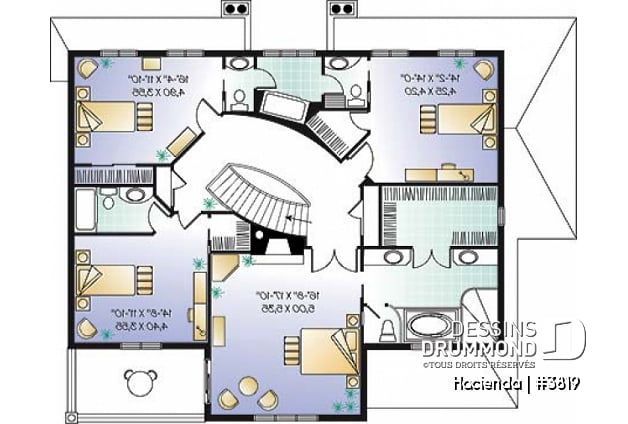 Étage - Plan de maison style espagnol, 4 chambres, 4 salles de bain, 2 foyer, garage double, superbes terrasses - Hacienda
