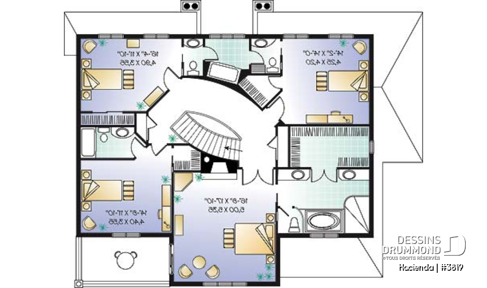 Étage - Plan de maison style espagnol, 4 chambres, 4 salles de bain, 2 foyer, garage double, superbes terrasses - Hacienda
