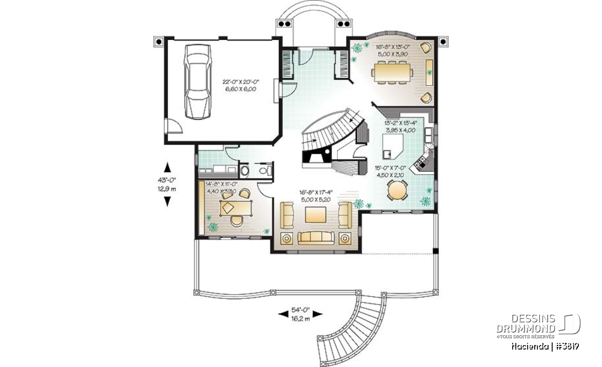 Rez-de-chaussée - Plan de maison style espagnol, 4 chambres, 4 salles de bain, 2 foyer, garage double, superbes terrasses - Hacienda
