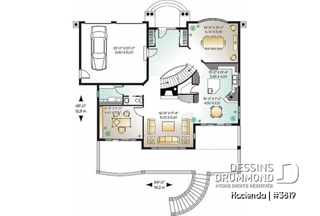 Rez-de-chaussée - Plan de maison style espagnol, 4 chambres, 4 salles de bain, 2 foyer, garage double, superbes terrasses - Hacienda
