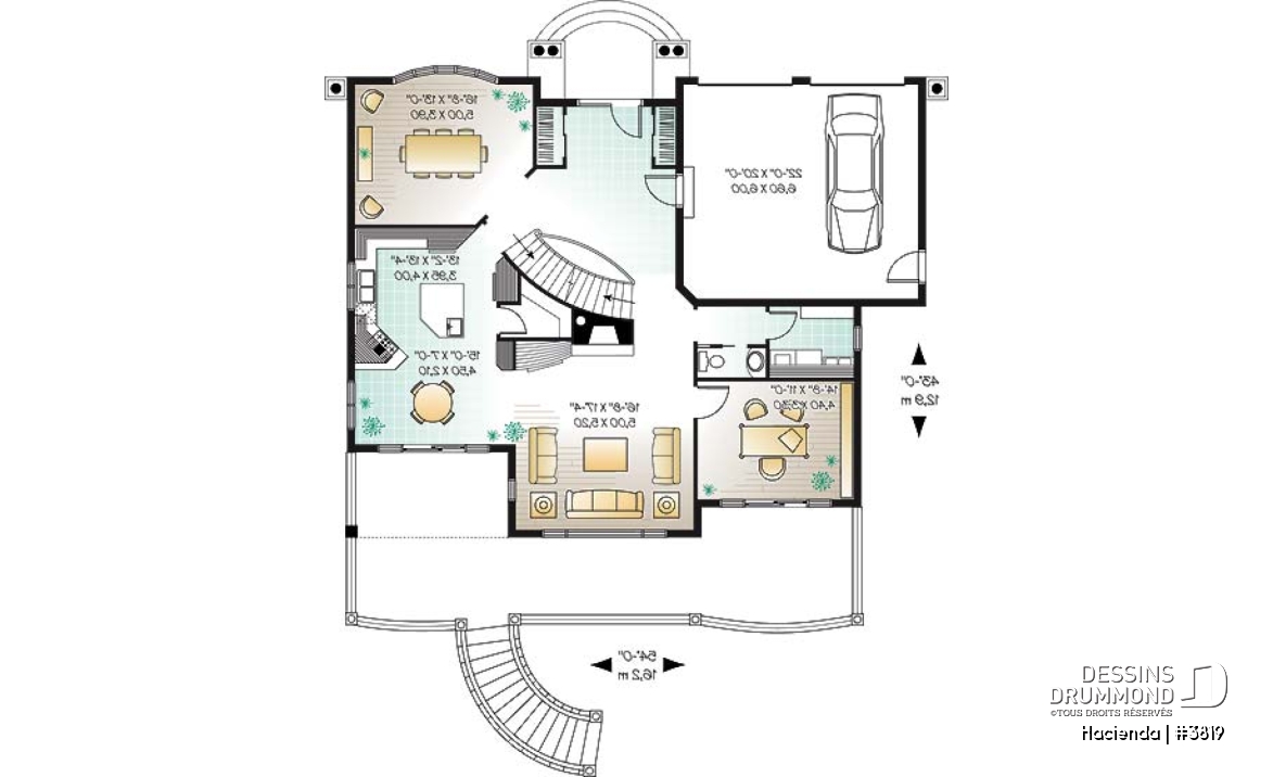 Rez-de-chaussée - Plan de maison style espagnol, 4 chambres, 4 salles de bain, 2 foyer, garage double, superbes terrasses - Hacienda
