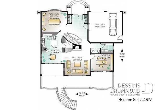 Rez-de-chaussée - Plan de maison style espagnol, 4 chambres, 4 salles de bain, 2 foyer, garage double, superbes terrasses - Hacienda