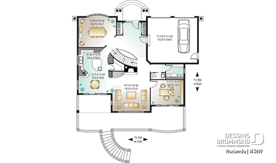 Rez-de-chaussée - Plan de maison style espagnol, 4 chambres, 4 salles de bain, 2 foyer, garage double, superbes terrasses - Hacienda