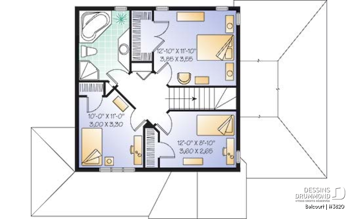 Étage - Plan de maison champêtre économique, 3 chambres, garage et sous-sol aménageable - Belcourt