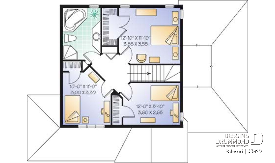 Étage - Plan de maison champêtre économique, 3 chambres, garage et sous-sol aménageable - Belcourt