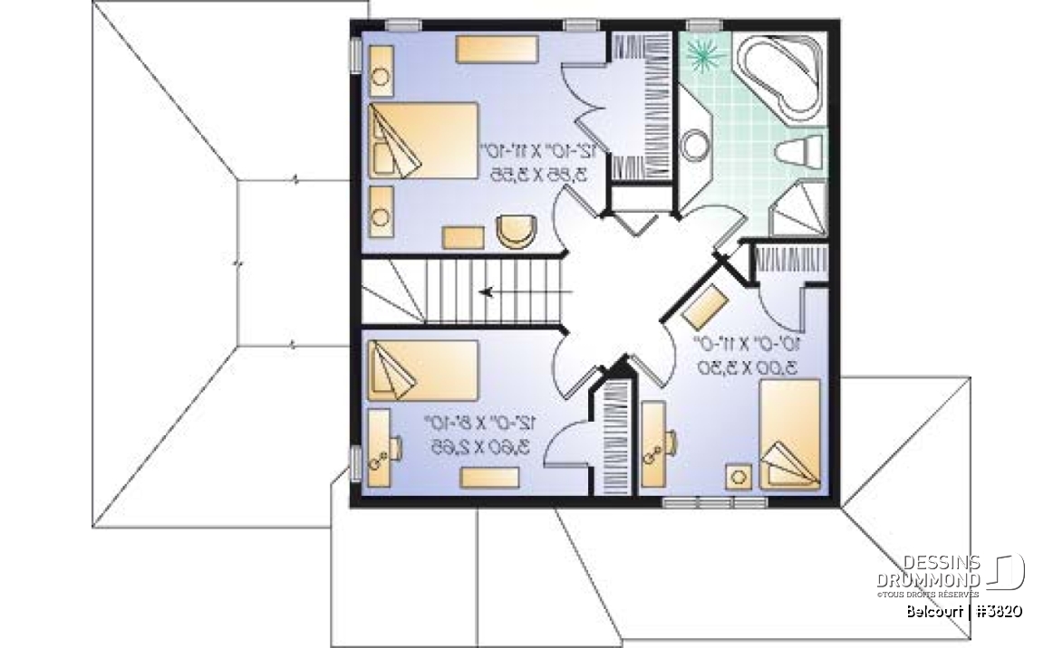 Étage - Plan de maison champêtre économique, 3 chambres, garage et sous-sol aménageable - Belcourt