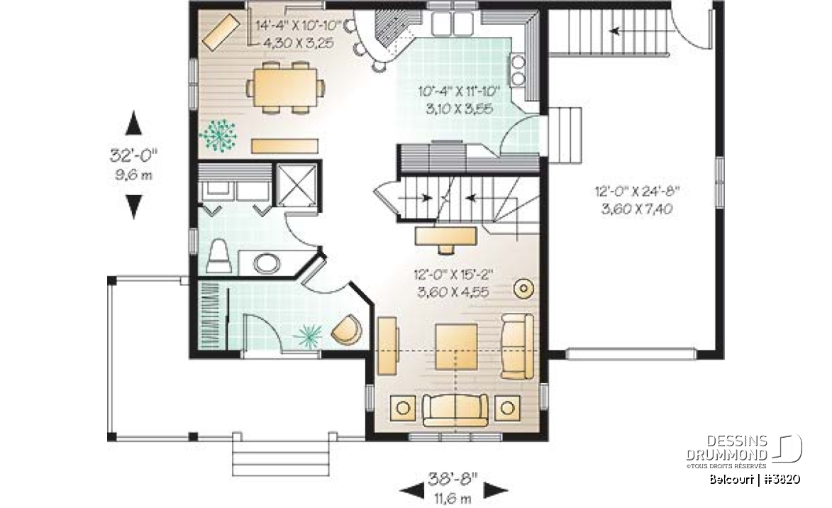 Rez-de-chaussée - Plan de maison champêtre économique, 3 chambres, garage et sous-sol aménageable - Belcourt
