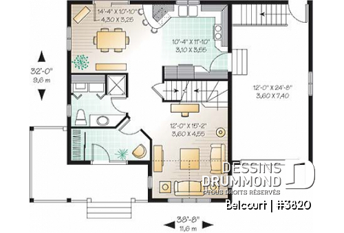 Rez-de-chaussée - Plan de maison champêtre économique, 3 chambres, garage et sous-sol aménageable - Belcourt