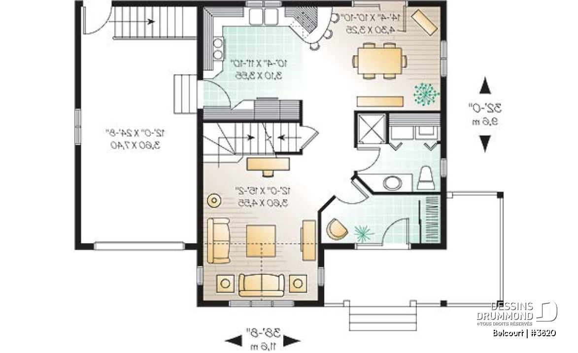 Rez-de-chaussée - Plan de maison champêtre économique, 3 chambres, garage et sous-sol aménageable - Belcourt