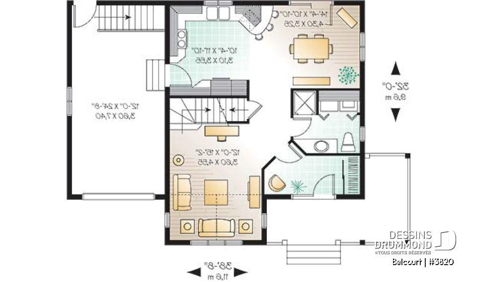 Rez-de-chaussée - Plan de maison champêtre économique, 3 chambres, garage et sous-sol aménageable - Belcourt