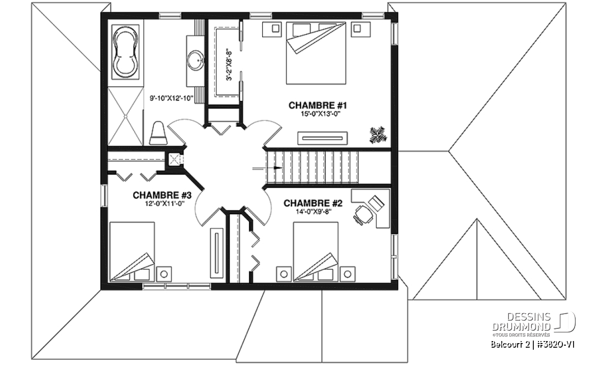 Étage - Plan de maison de campagne avec garage, grand portique d'entrée avec garde-robe, 3 chambres, 2 salles de bain - Belcourt 2