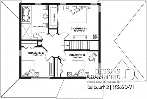 Étage - Plan de maison de campagne avec garage, grand portique d'entrée avec garde-robe, 3 chambres, 2 salles de bain - Belcourt 2