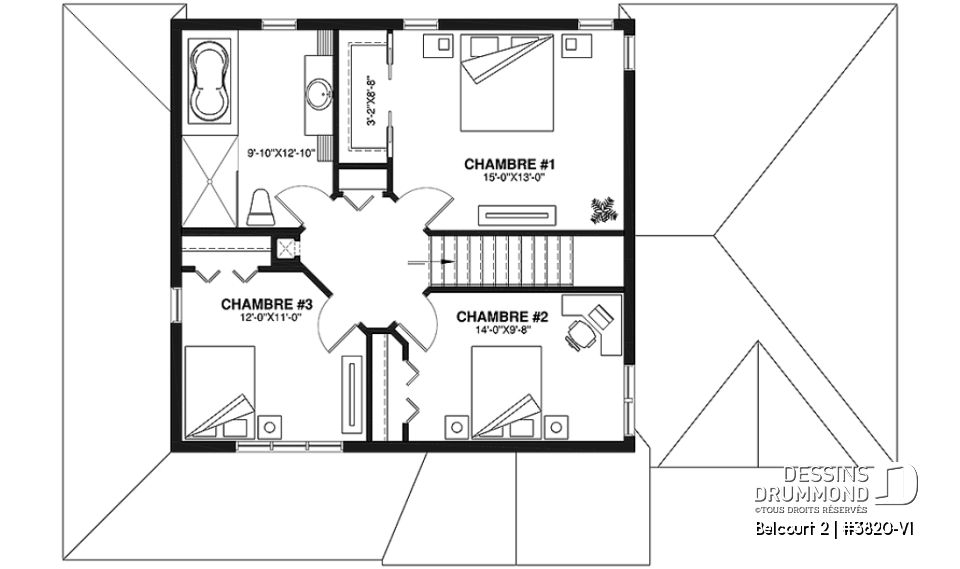 Étage - Plan de maison de campagne avec garage, grand portique d'entrée avec garde-robe, 3 chambres, 2 salles de bain - Belcourt 2