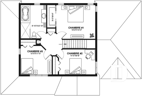 Étage - Plan de maison de campagne avec garage, grand portique d'entrée avec garde-robe, 3 chambres, 2 salles de bain - Belcourt 2