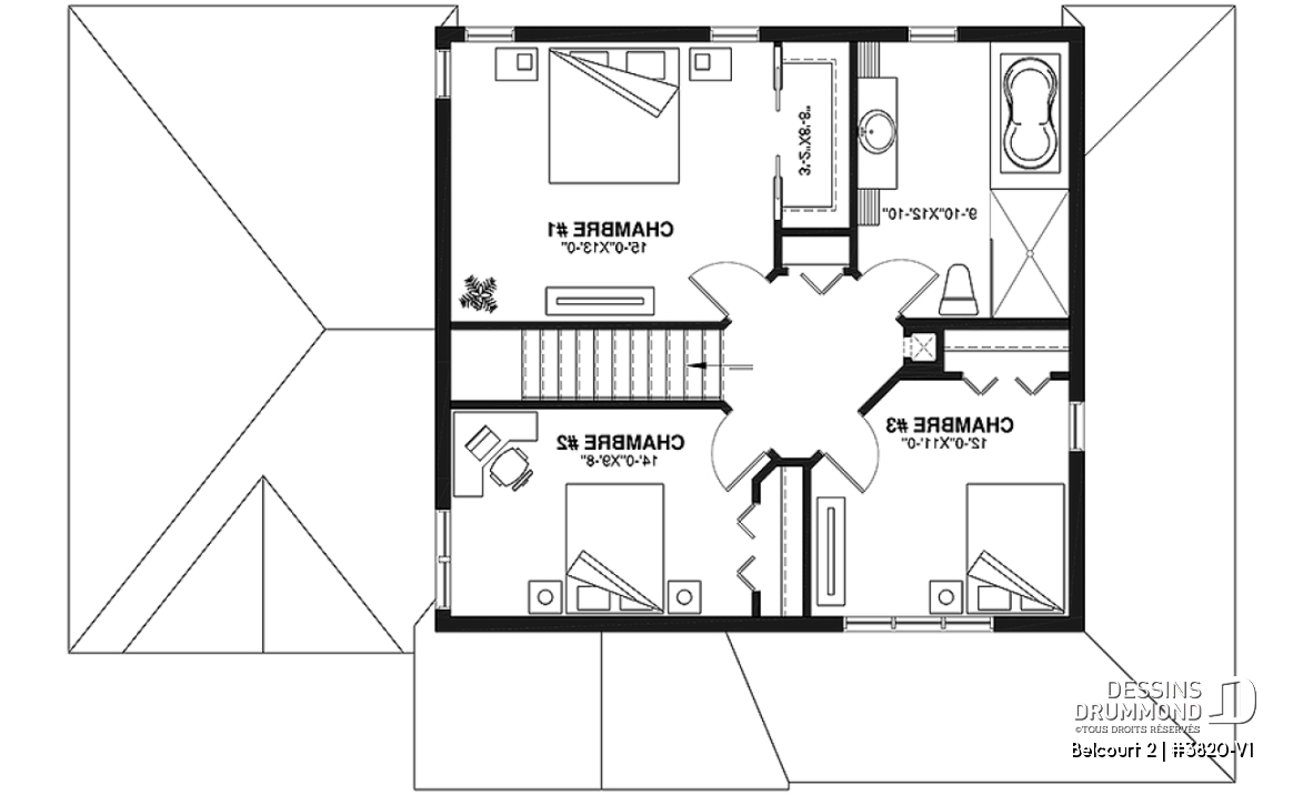 Étage - Plan de maison de campagne avec garage, grand portique d'entrée avec garde-robe, 3 chambres, 2 salles de bain - Belcourt 2