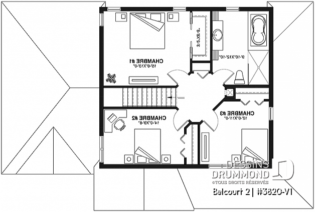 Étage - Plan de maison de campagne avec garage, grand portique d'entrée avec garde-robe, 3 chambres, 2 salles de bain - Belcourt 2