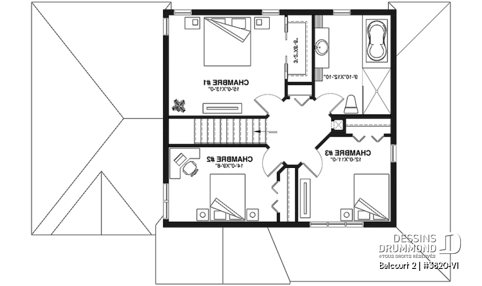 Étage - Plan de maison de campagne avec garage, grand portique d'entrée avec garde-robe, 3 chambres, 2 salles de bain - Belcourt 2
