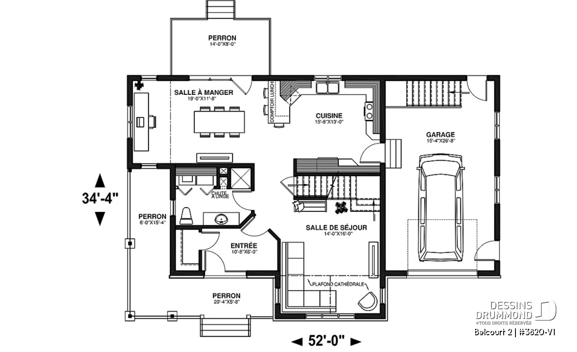 Rez-de-chaussée - Plan de maison de campagne avec garage, grand portique d'entrée avec garde-robe, 3 chambres, 2 salles de bain - Belcourt 2