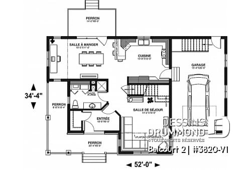 Rez-de-chaussée - Plan de maison de campagne avec garage, grand portique d'entrée avec garde-robe, 3 chambres, 2 salles de bain - Belcourt 2