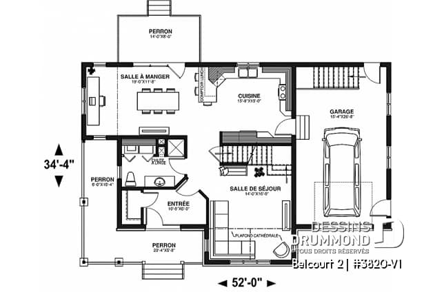 Rez-de-chaussée - Plan de maison de campagne avec garage, grand portique d'entrée avec garde-robe, 3 chambres, 2 salles de bain - Belcourt 2