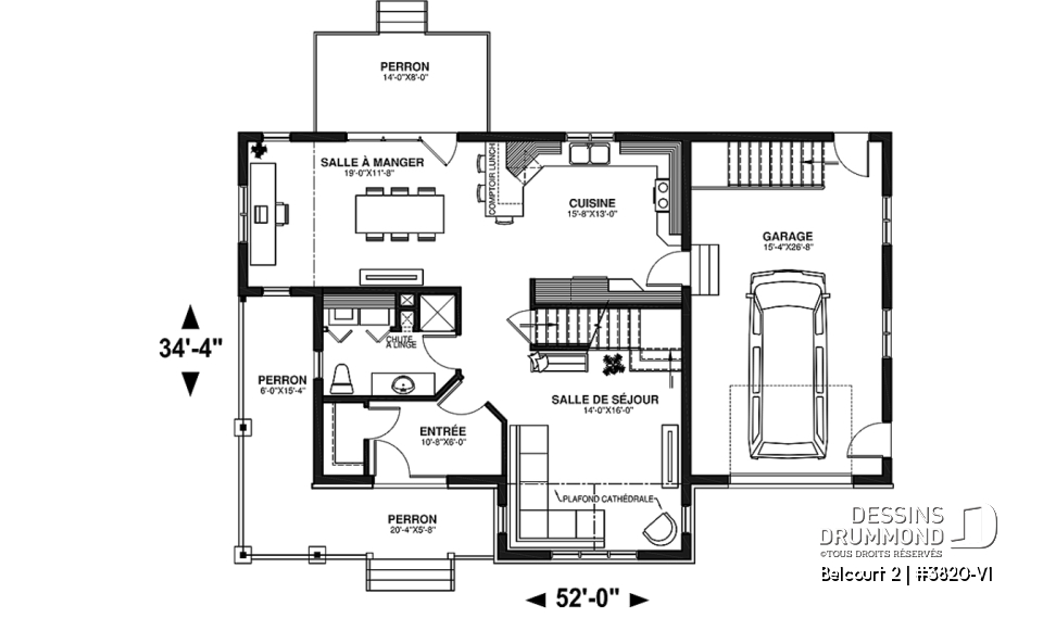 Rez-de-chaussée - Plan de maison de campagne avec garage, grand portique d'entrée avec garde-robe, 3 chambres, 2 salles de bain - Belcourt 2