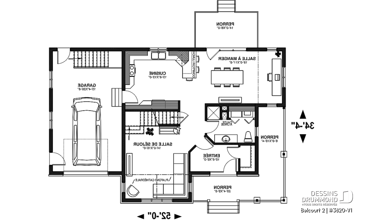 Rez-de-chaussée - Plan de maison de campagne avec garage, grand portique d'entrée avec garde-robe, 3 chambres, 2 salles de bain - Belcourt 2