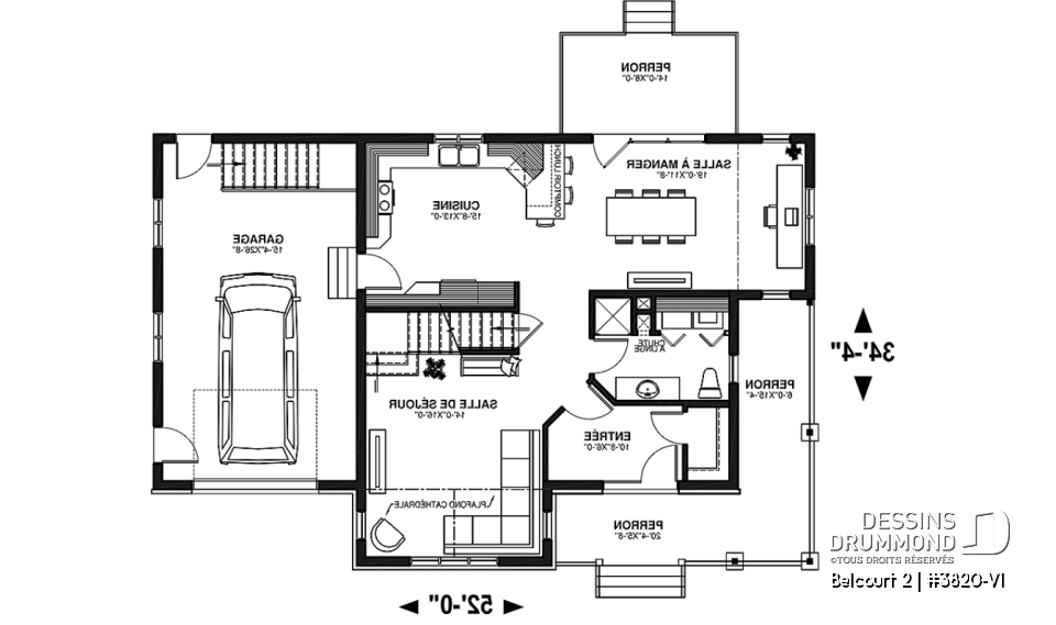 Rez-de-chaussée - Plan de maison de campagne avec garage, grand portique d'entrée avec garde-robe, 3 chambres, 2 salles de bain - Belcourt 2