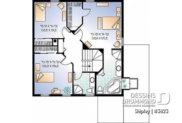Étage - Plan d'un grande maison familiale, 3 chambres, foyer à deux faces, garde-manger, vestibule et plus! - Shipley