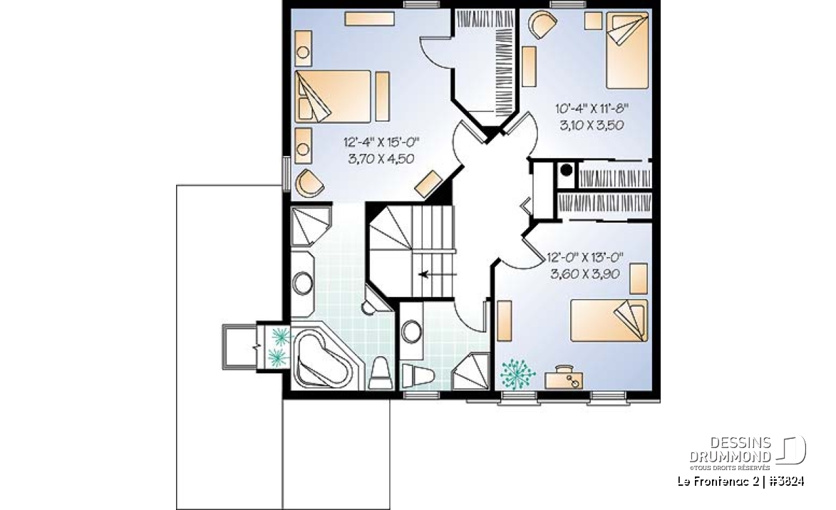 Étage - Plan de maison à étage avec garage, foyer deux faces, 3 chambres, 2 salles de bain, garde-manger - Le Frontenac 2
