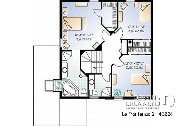 Étage - Plan de maison à étage avec garage, foyer deux faces, 3 chambres, 2 salles de bain, garde-manger - Le Frontenac 2