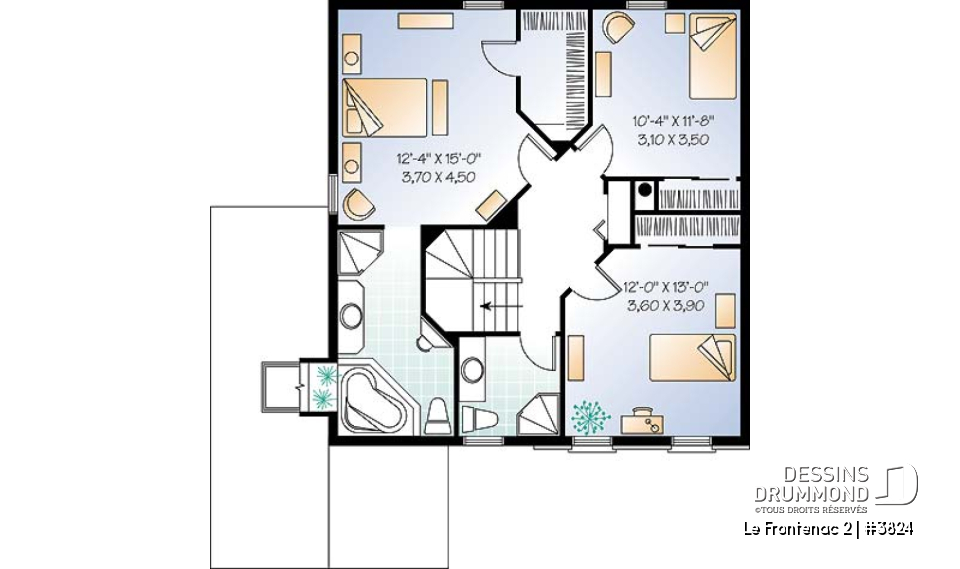 Étage - Plan de maison à étage avec garage, foyer deux faces, 3 chambres, 2 salles de bain, garde-manger - Le Frontenac 2
