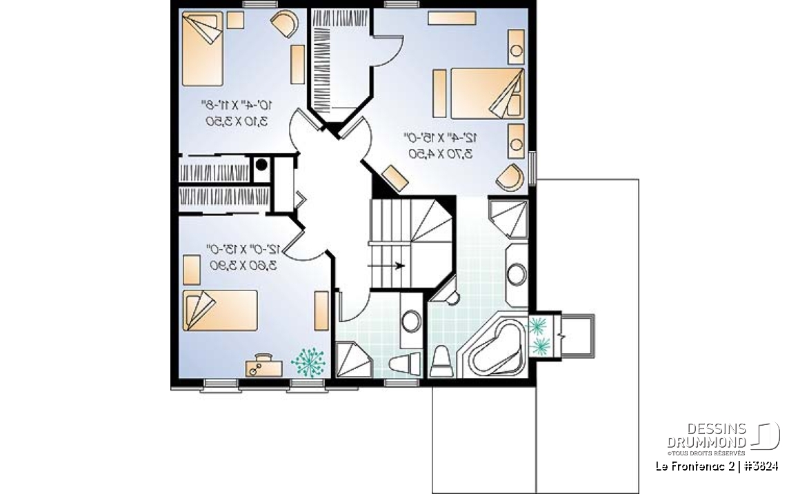 Étage - Plan de maison à étage avec garage, foyer deux faces, 3 chambres, 2 salles de bain, garde-manger - Le Frontenac 2